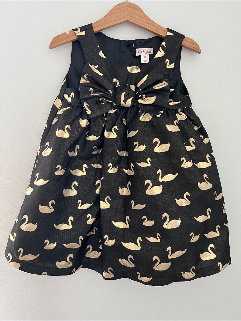 Cat & Jack | Black Formal Dress with Gold Swan Print & Bow Party Holiday Sz 3T